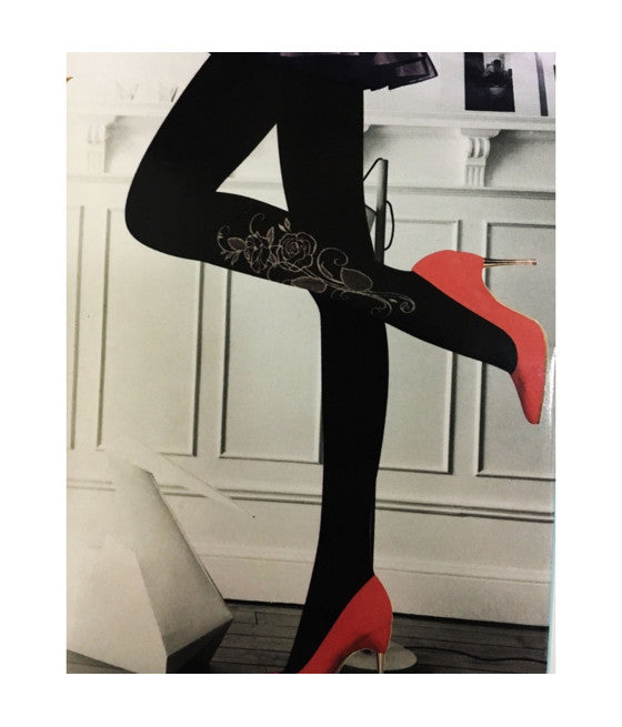 280 DEN STRUMPFHOSEN SCHWARZ ROSE WEISS BLUME STRÜMPFE EINHEITSGRÖSSE BLICKDICHT