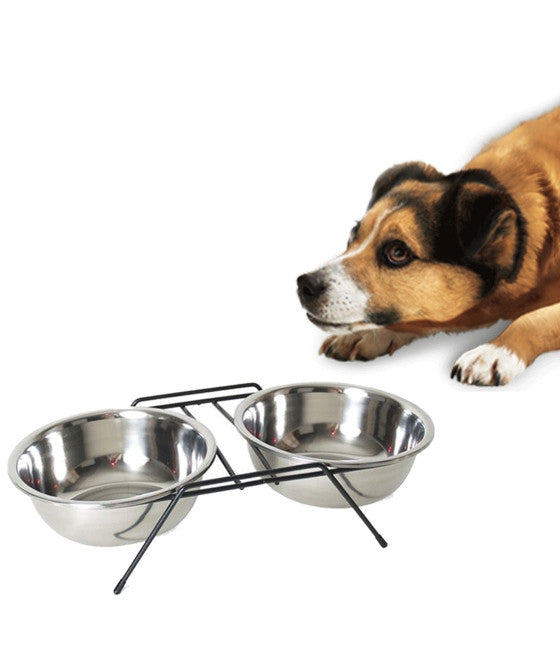 14 CM DOPPELHUNDENAPF MIT FUTTERHALTER WASSER STAHL