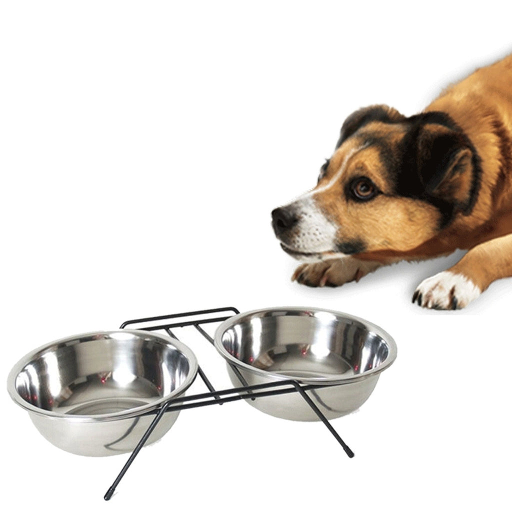 14 CM DOPPELHUNDENAPF MIT FUTTERHALTER WASSER STAHL