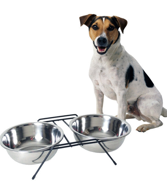 20 CM DOPPELHUNDENAPF MIT FUTTERHALTER WASSER STAHL