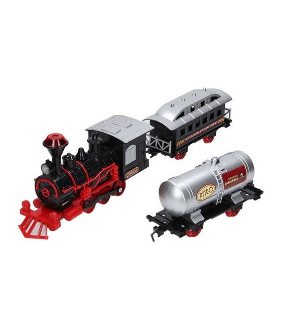 13-TEILIGE EISENBAHNSTRECKE MIT GLEISEN, LOKOMOTIVEN UND WAGGONS MIT LICHT UND GERÄUSCHEN